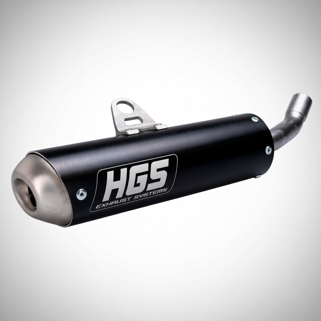 Ponteira de escape HGS alumínio preto Yamaha YZ 125 2002-2027, fundo cinza limpo