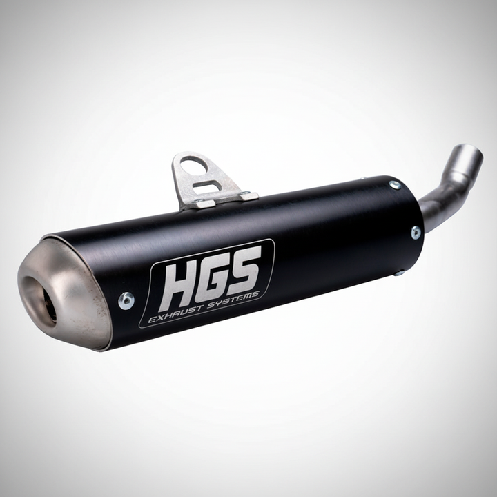 Ponteira de escape HGS alumínio preto Yamaha YZ 125 2002-2027, fundo cinza limpo